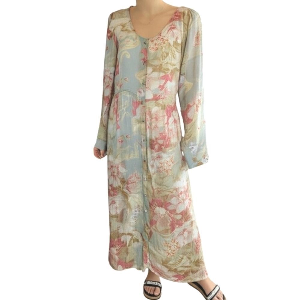 Vintage New Options By Kate Geddes Sheer Mint Pink Floral Long Sleeve Dress S